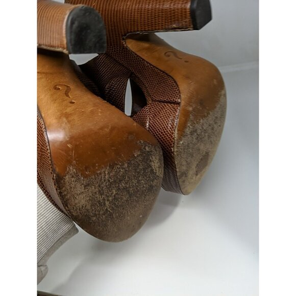 MOSCHINO Women'ts Vtg BROWN LEATHER SLINGBACK PLATFORM HEELS Size 39.5 - Picture 8 of 13